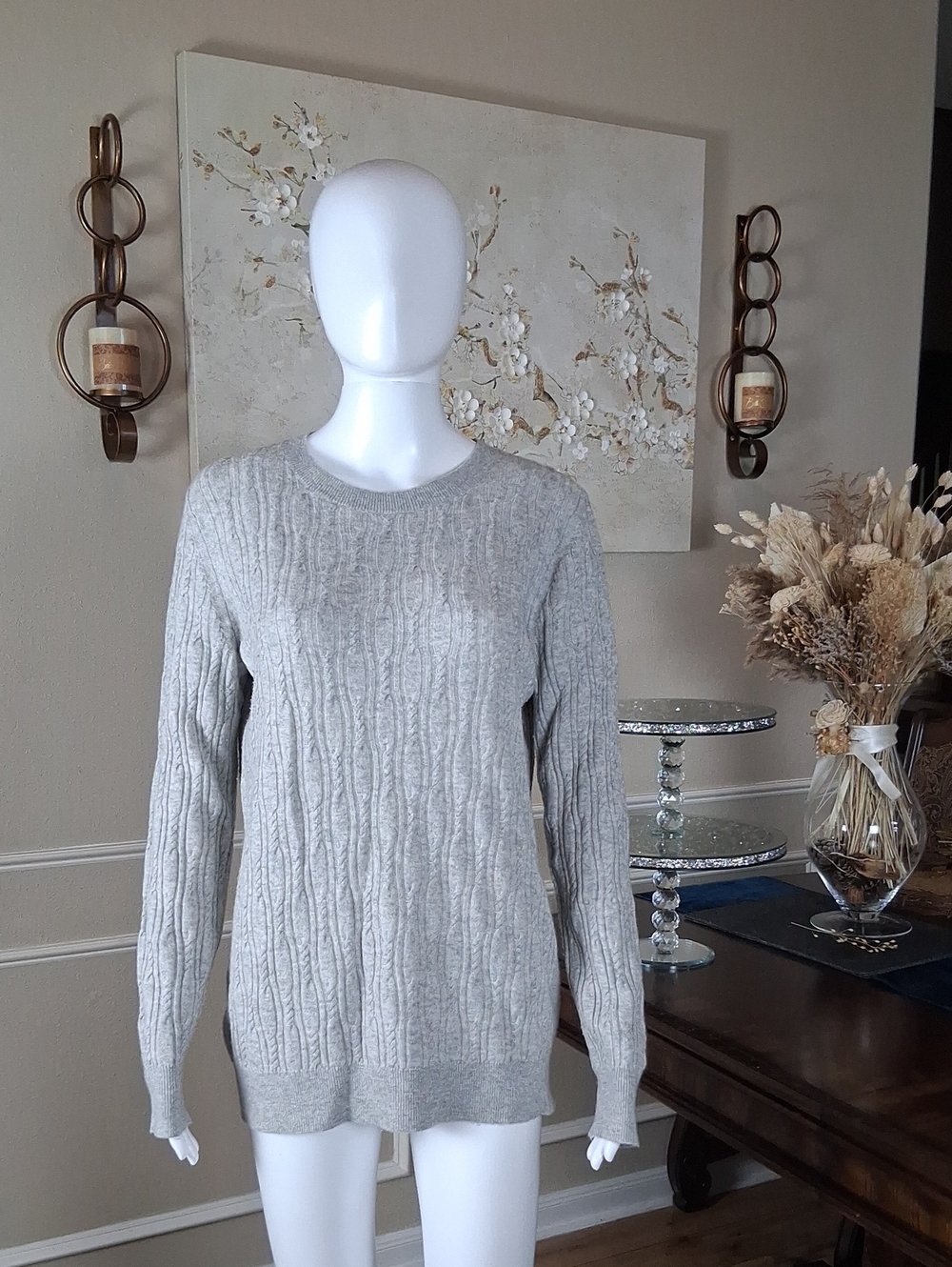 Women's Cable-Knit Crewneck Light Gray Merino Cashemere Blend Large - Picture 8 of 17